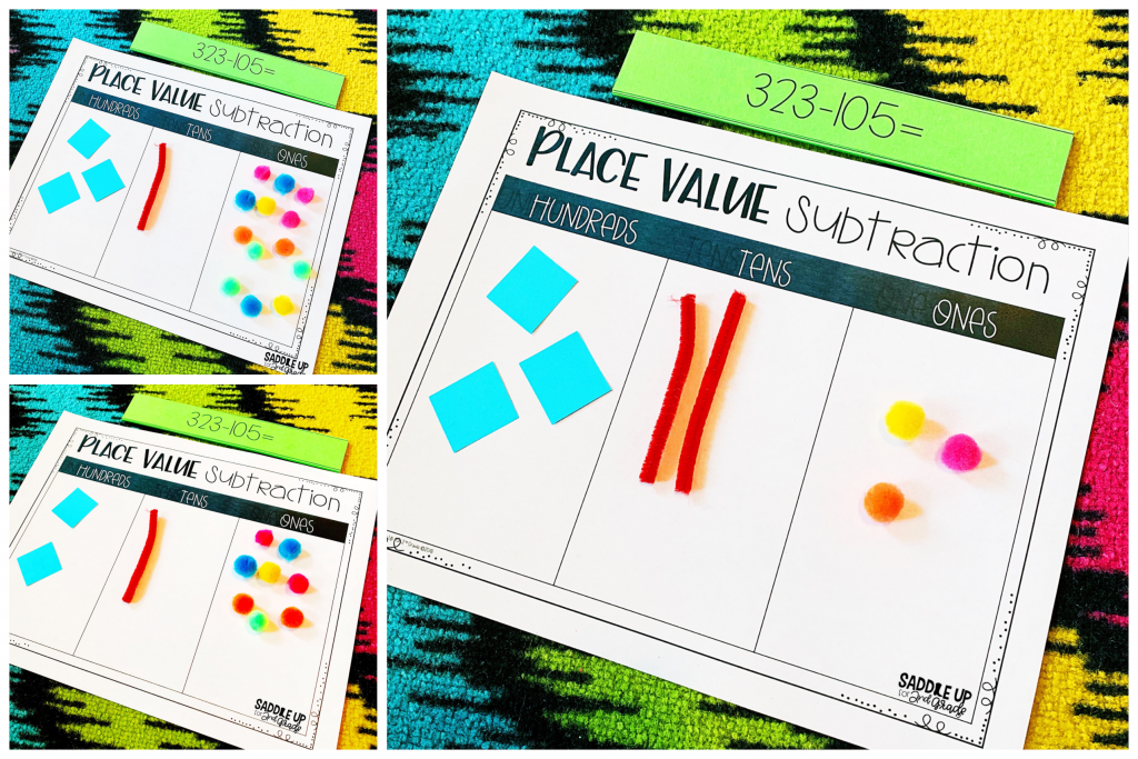 Three digit subtraction with regrouping place value mat