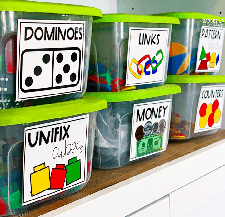 Math Manipulative Organization with plastic containers and labels for math manipulatives