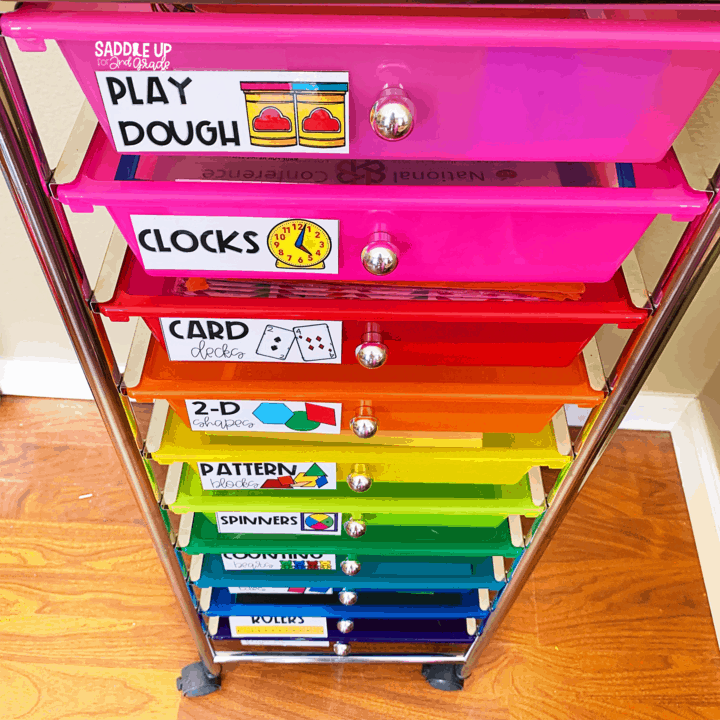 Math Manipulative Organization with rolling storage cart and labels for math manipulatives