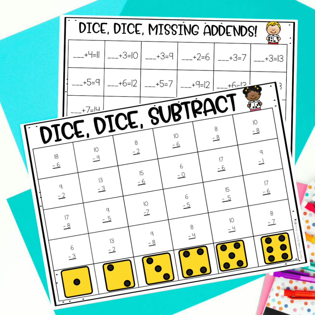 Math station subtraction dice board game for 2nd grade