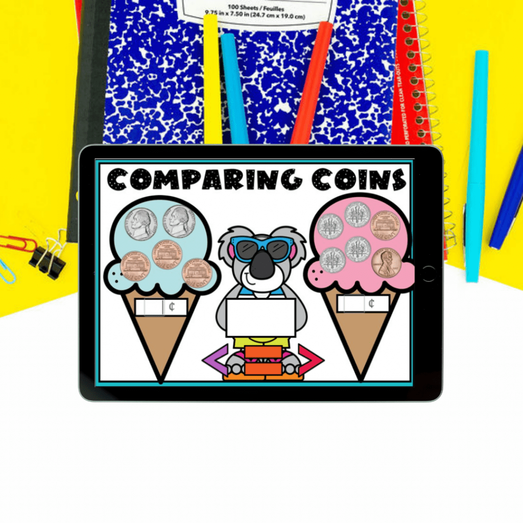 Comparing coins Boom Cards with ice cream cones