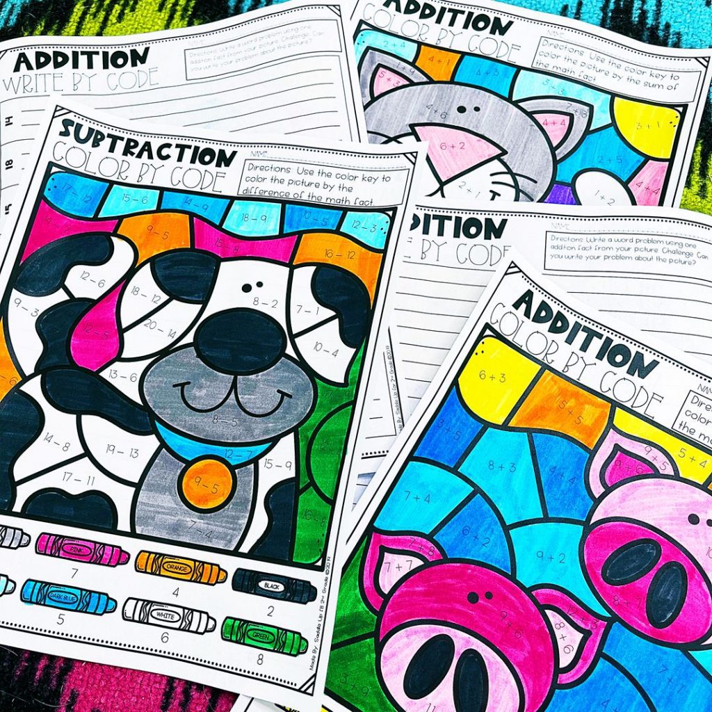 Addition and subtraction color by codes with dogs and pigs
