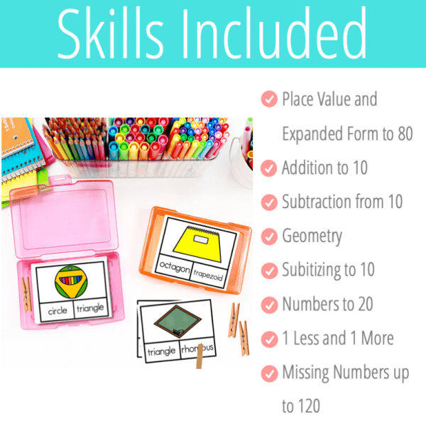 skills included in these back to school math centers for 1st grade