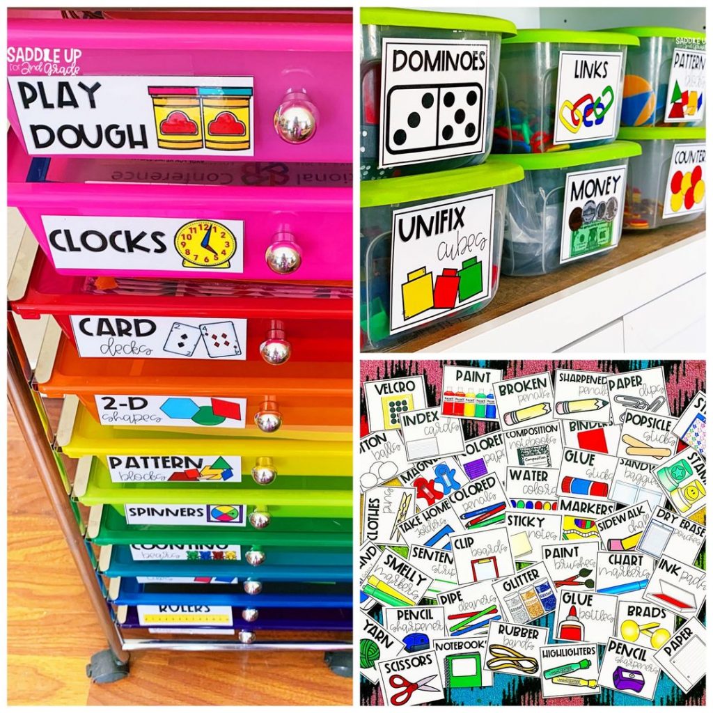 School supply, math manipulative, and word work supply labels