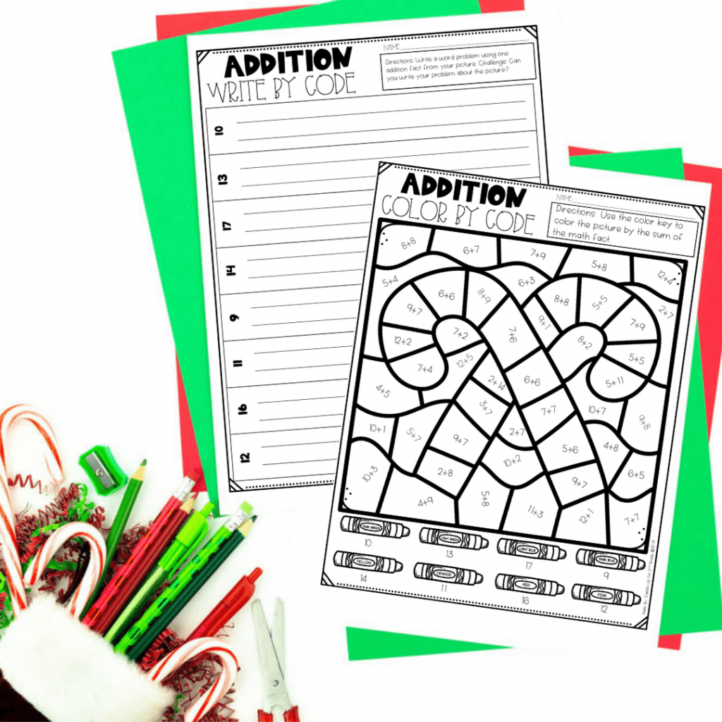 winter math activities addition color by code