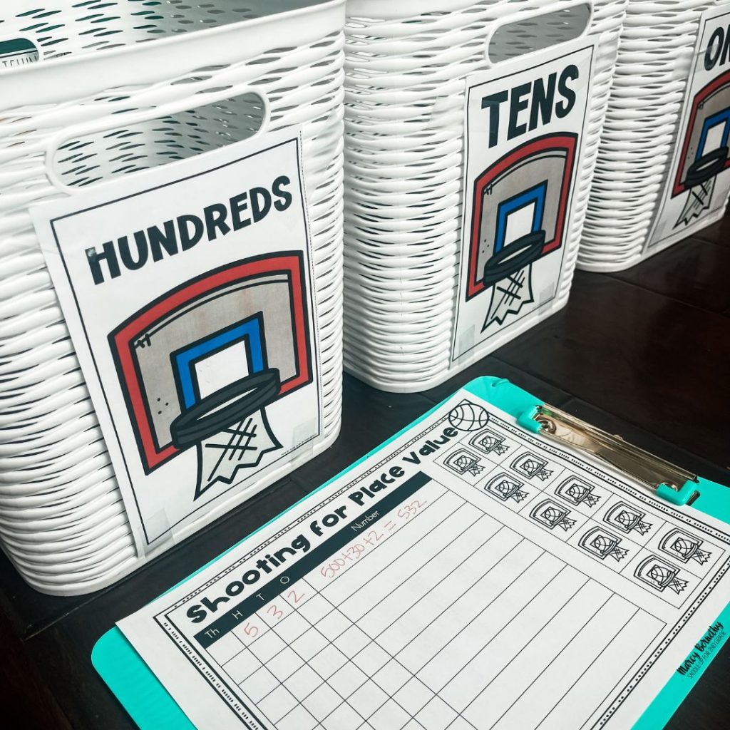 basketball math game and recording sheet for place value