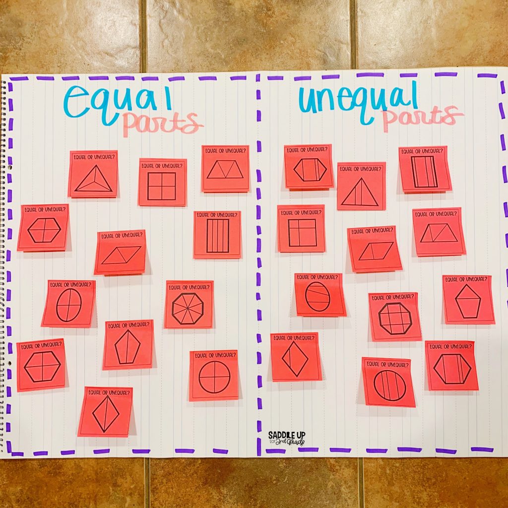 Equal and unequal parts sticky note sort