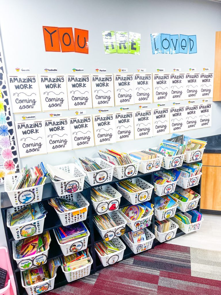 classroom reveal student work board and classroom library