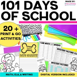 Printable and digital 101 days of school activities for 1st grade featuring math, writing, ELA games, crafts, and a Dalmatian classroom theme.